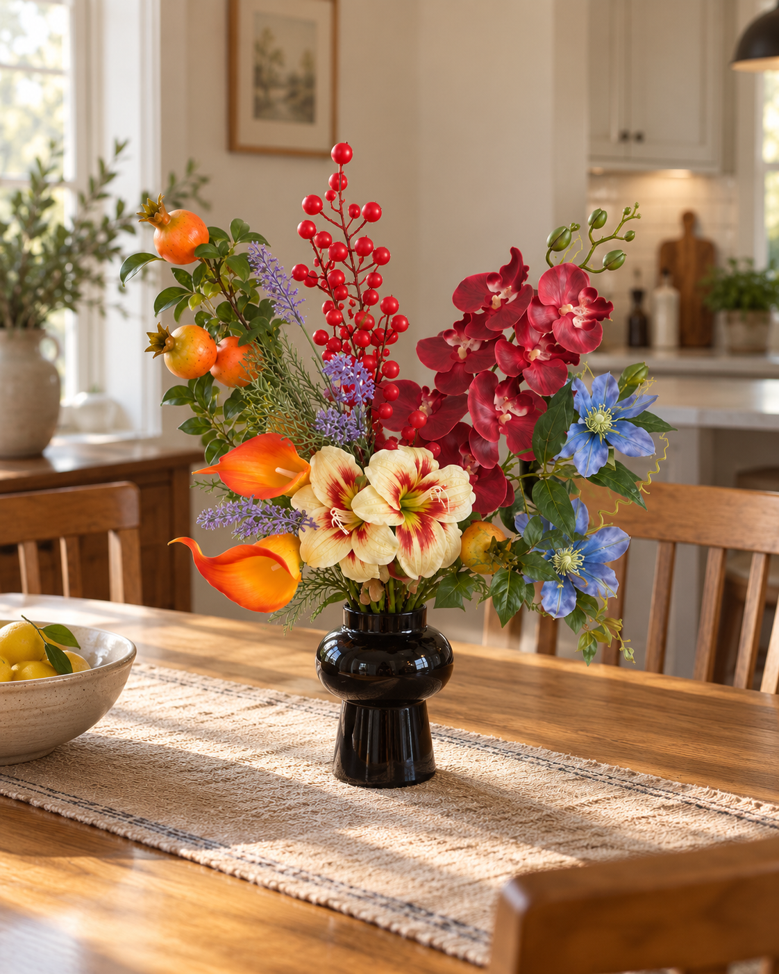 Jewel-Toned Orchid & Pomegranate Faux Floral Arrangement