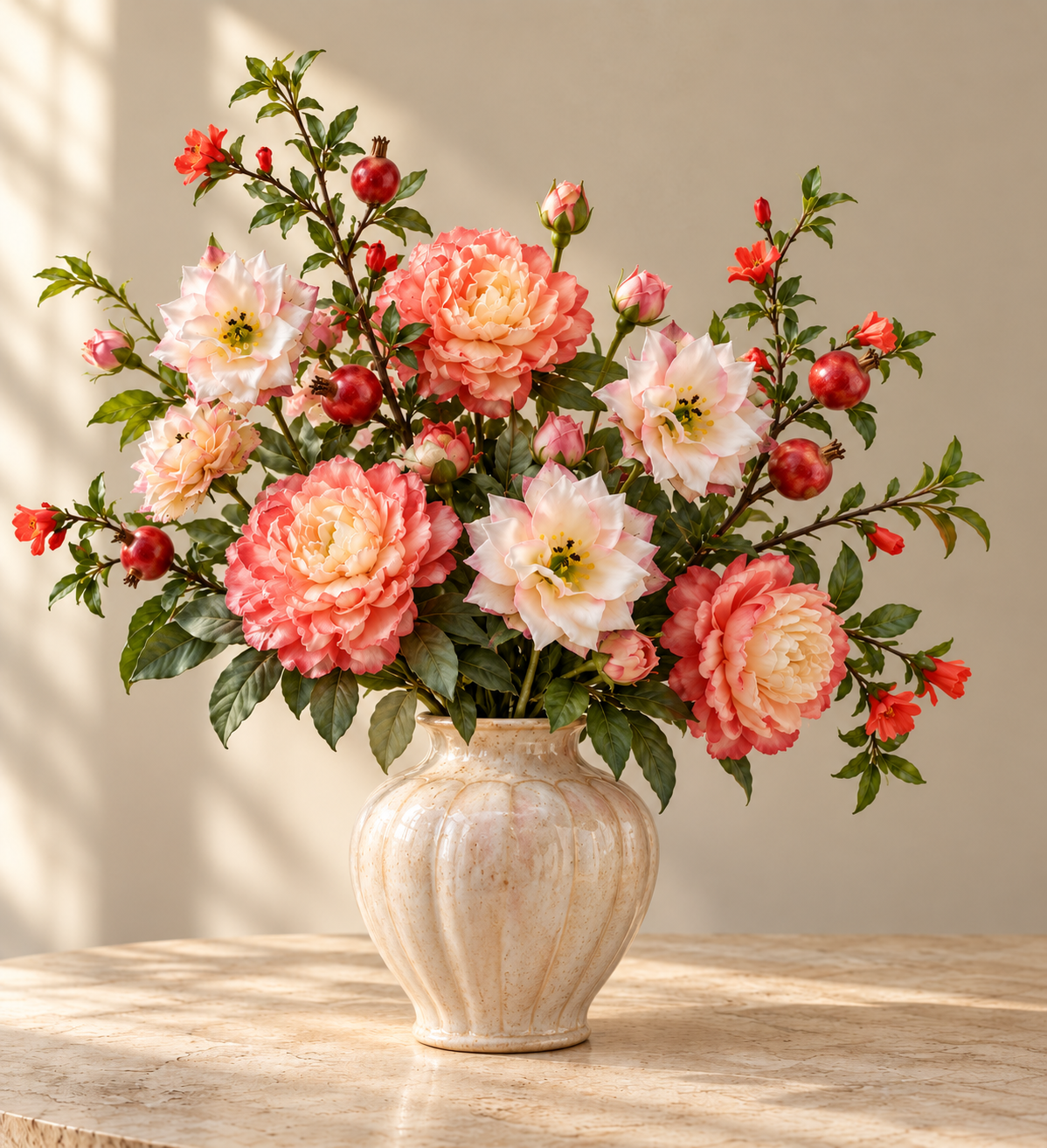 Coral Peony & Pomegranate Autumn Faux Flower Bundle