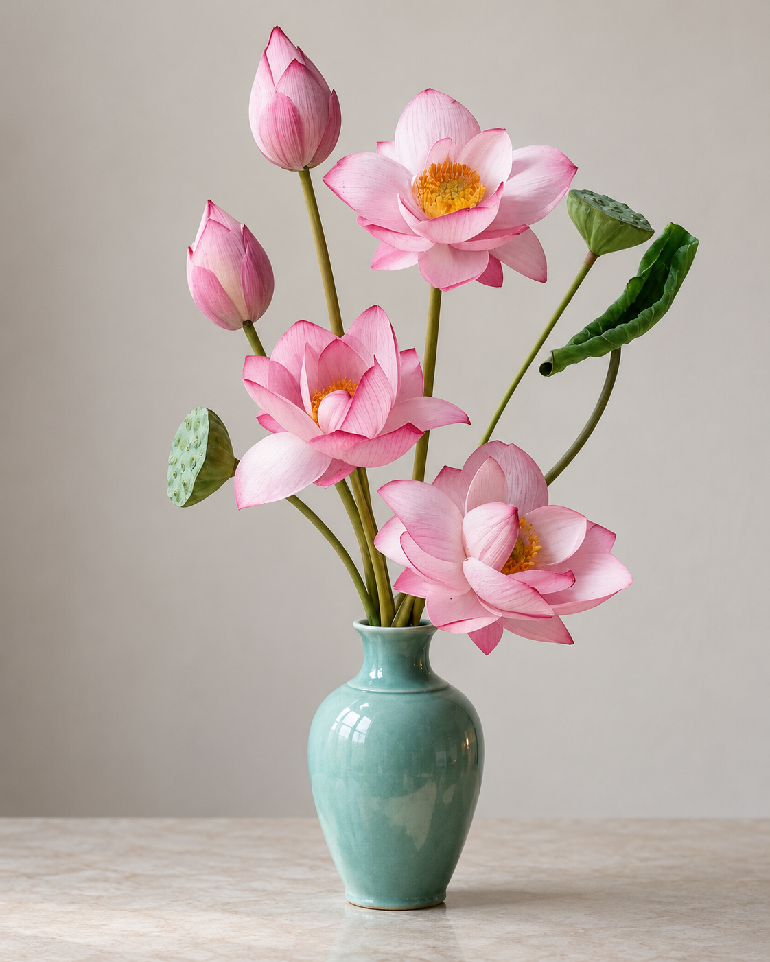 Serene Pink Lotus & Seed Pod Faux Floral Arrangement