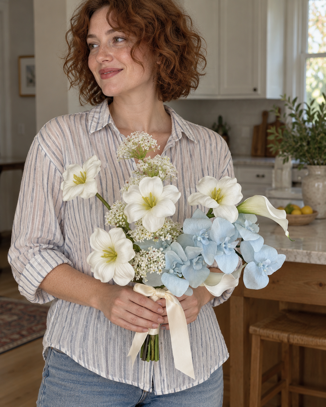Soft Blue Orchid & White Tulip Faux Floral Arrangement