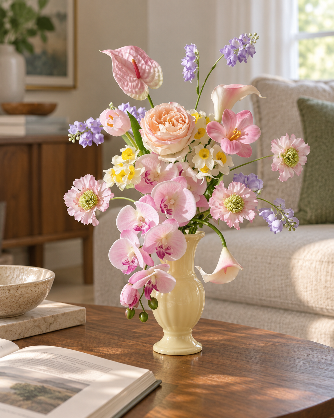 Pastel Garden Rose & Orchid Faux Floral Arrangement