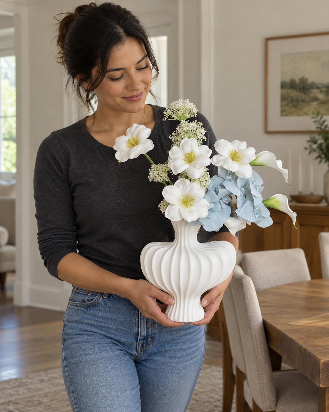 Soft Blue Orchid & White Tulip Faux Floral Arrangement