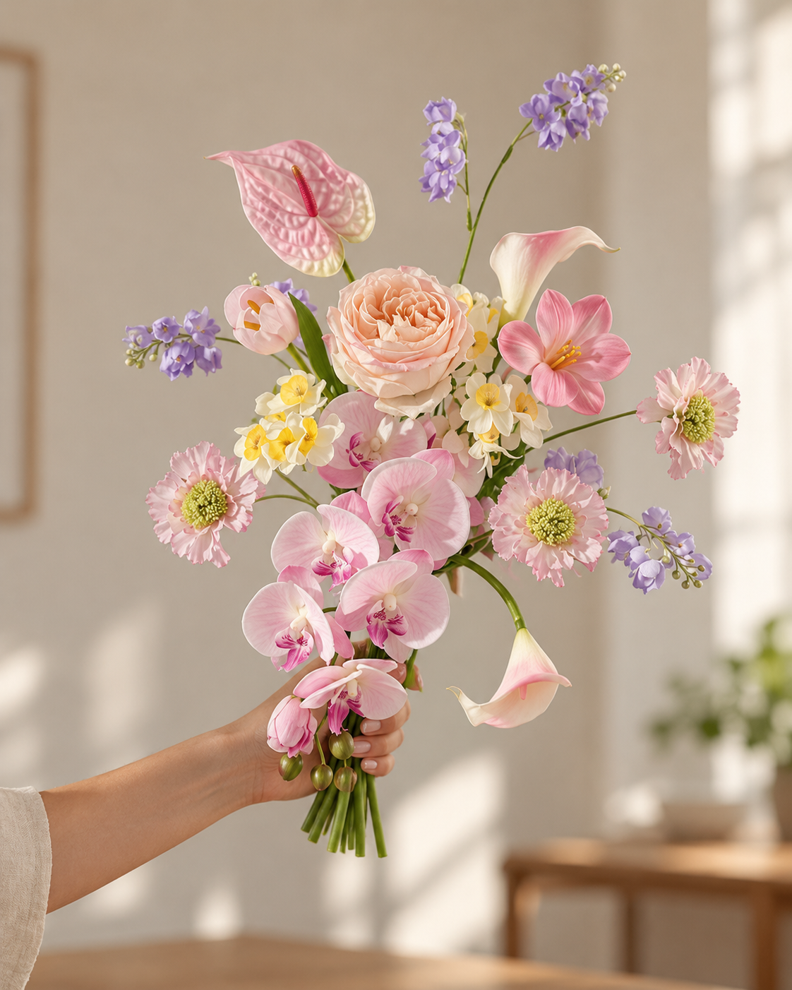 Pastel Garden Rose & Orchid Faux Floral Arrangement