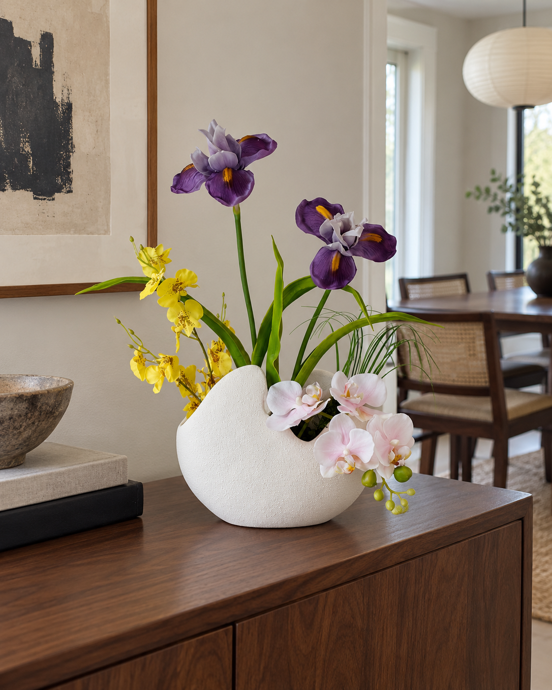 Purple Iris & Golden Dancing Orchid Faux Floral Arrangement