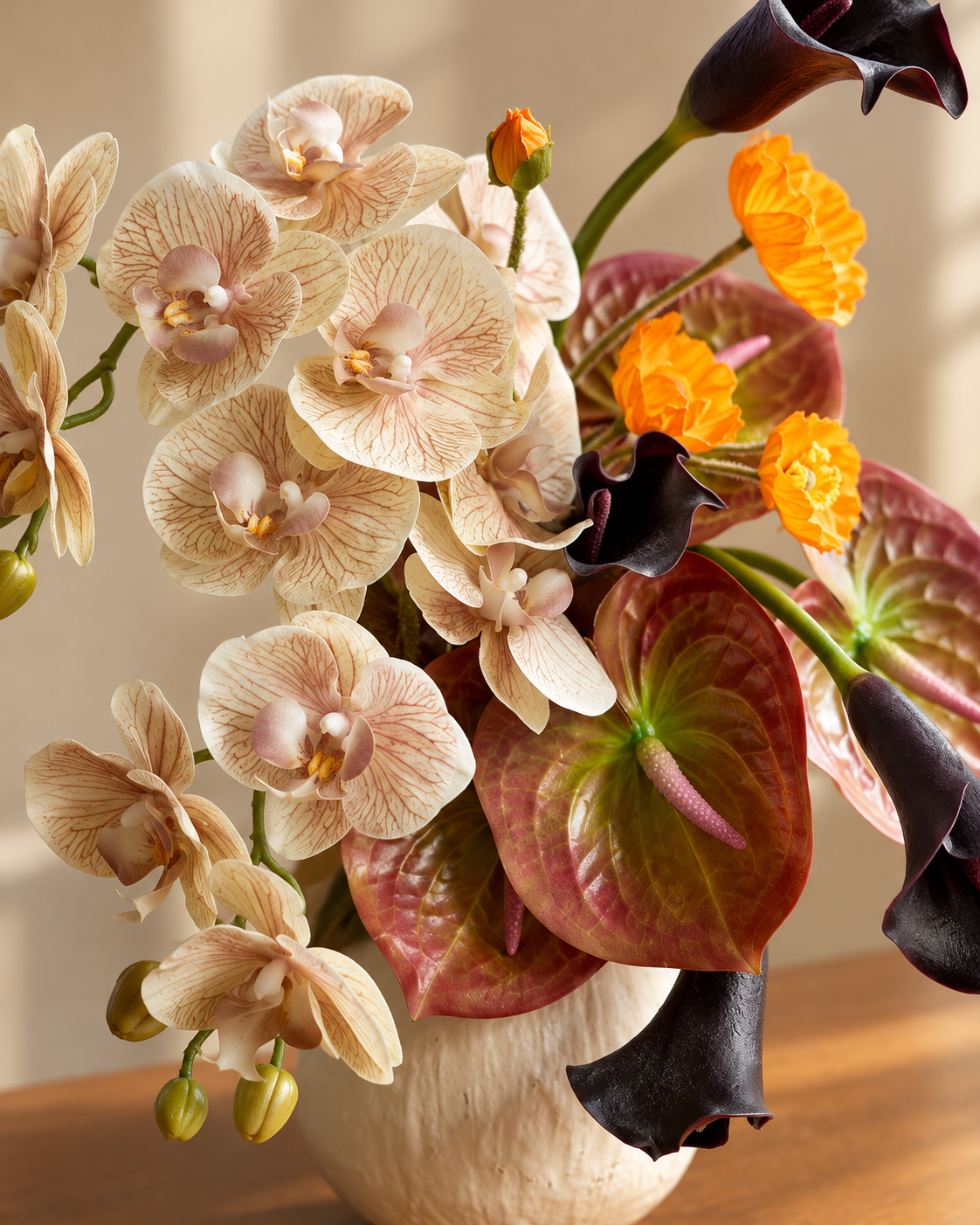 Vintage Champagne Orchid & Anthurium Faux Floral Arrangement