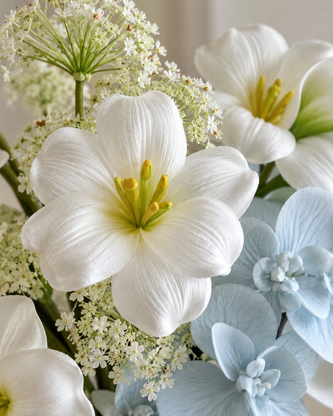 Soft Blue Orchid & White Tulip Faux Floral Arrangement