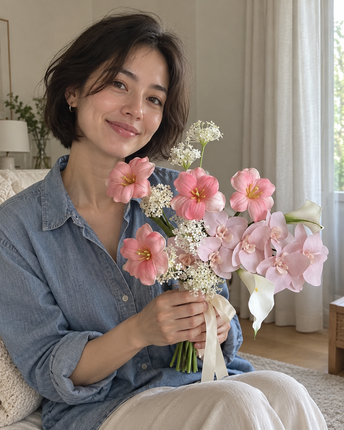 Blush Pink Tulip & Orchid Faux Floral Bouquet