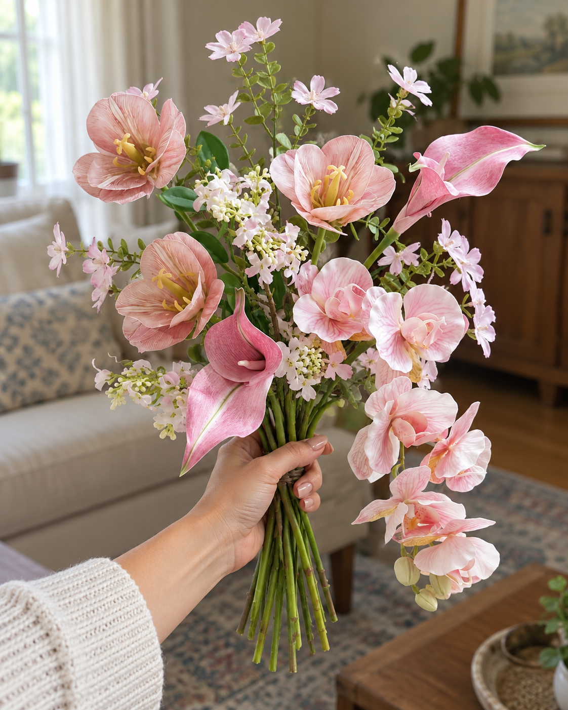 Spring Whispers Blush Pink Orchid & Tulip Faux Floral Bouquet