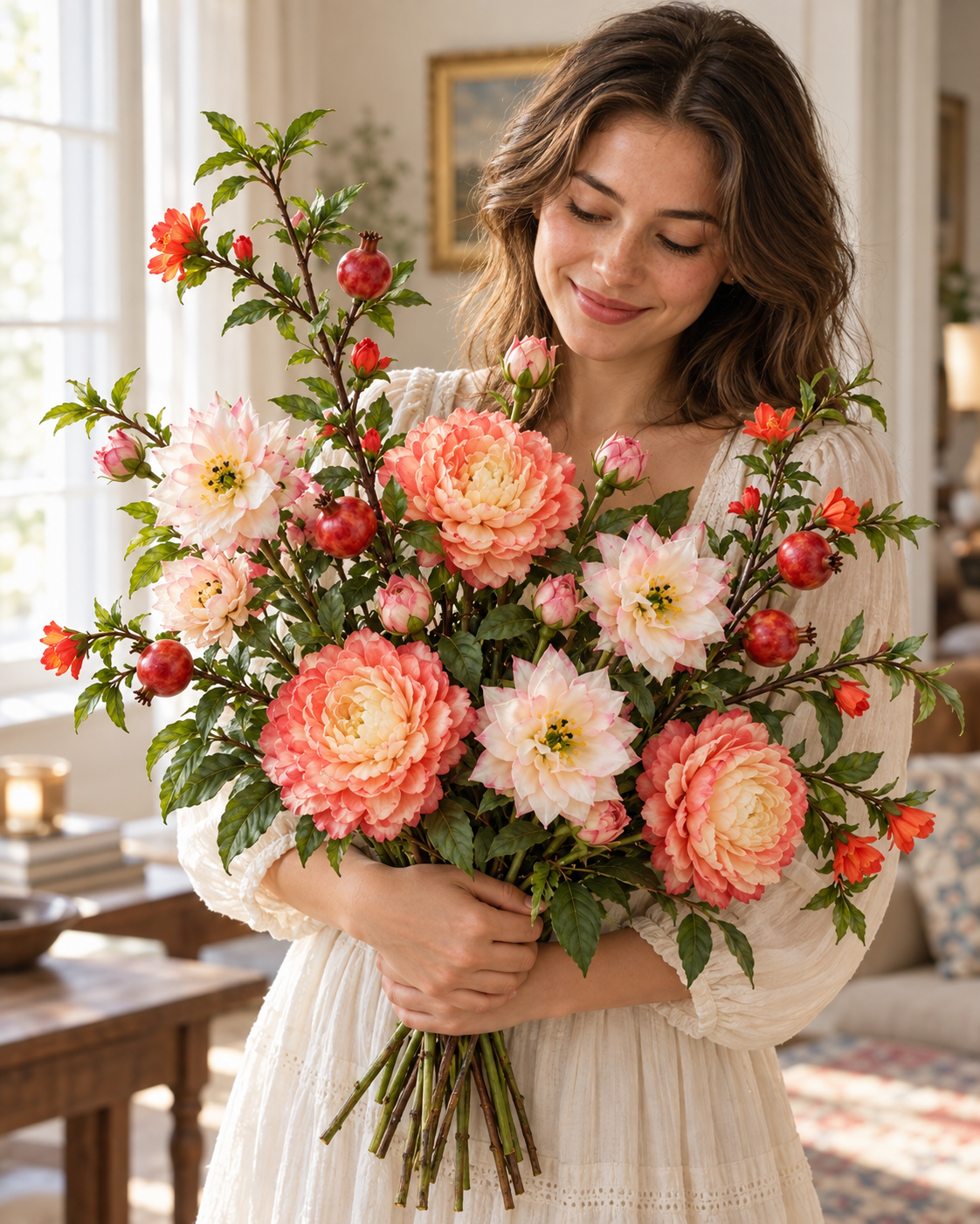 Coral Peony & Pomegranate Autumn Faux Flower Bundle