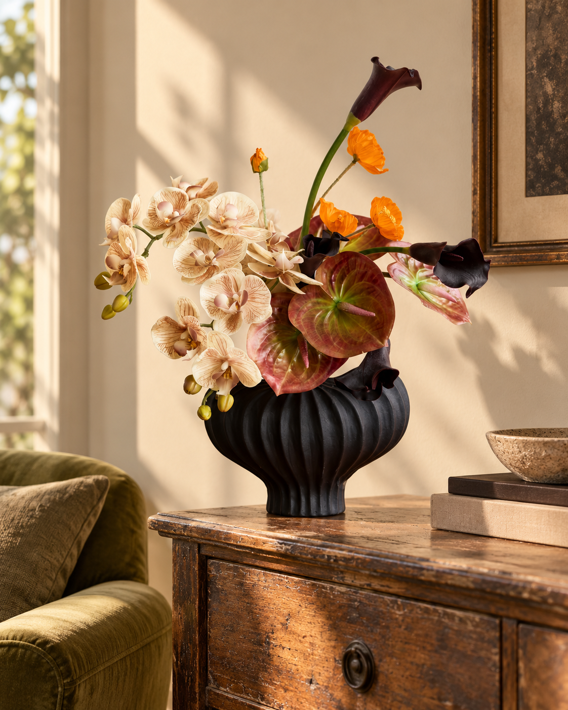 Vintage Champagne Orchid & Anthurium Faux Floral Arrangement