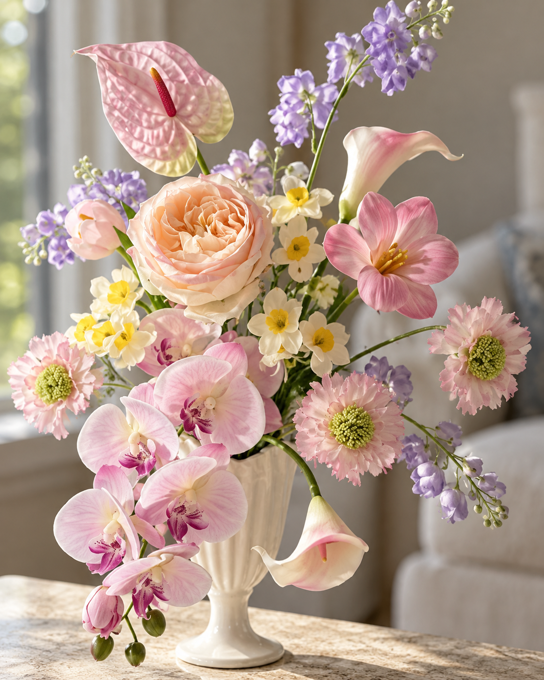 Pastel Garden Rose & Orchid Faux Floral Arrangement