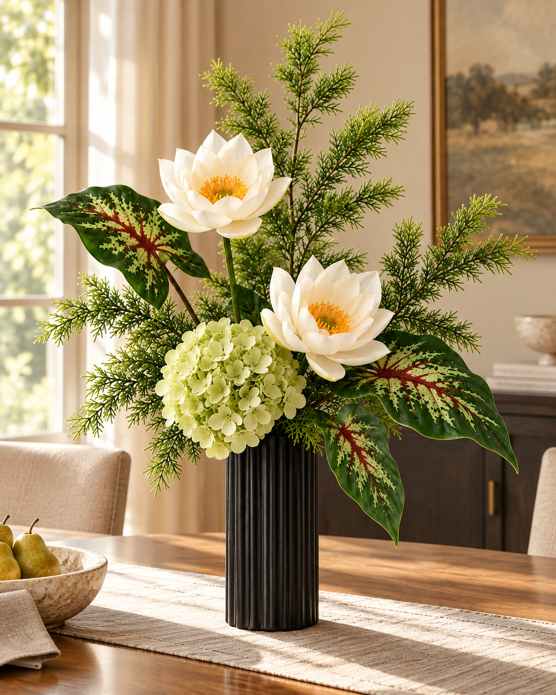 White Lotus, Green Hydrangea & Tropical Foliage Faux Flower Bundle