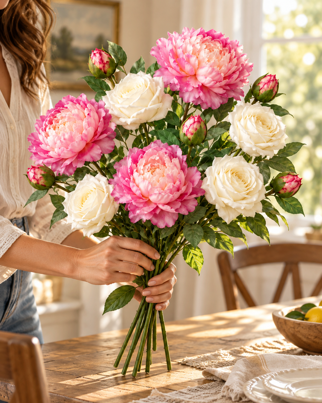 White Juliet Rose & Vintage Purple Peony Faux Flower Bundle – 9 Stems