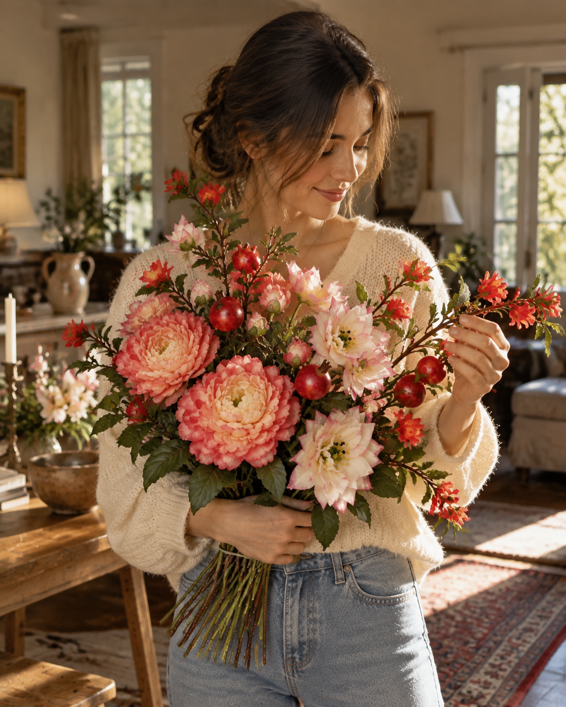 Coral Peony & Pomegranate Autumn Faux Flower Bundle