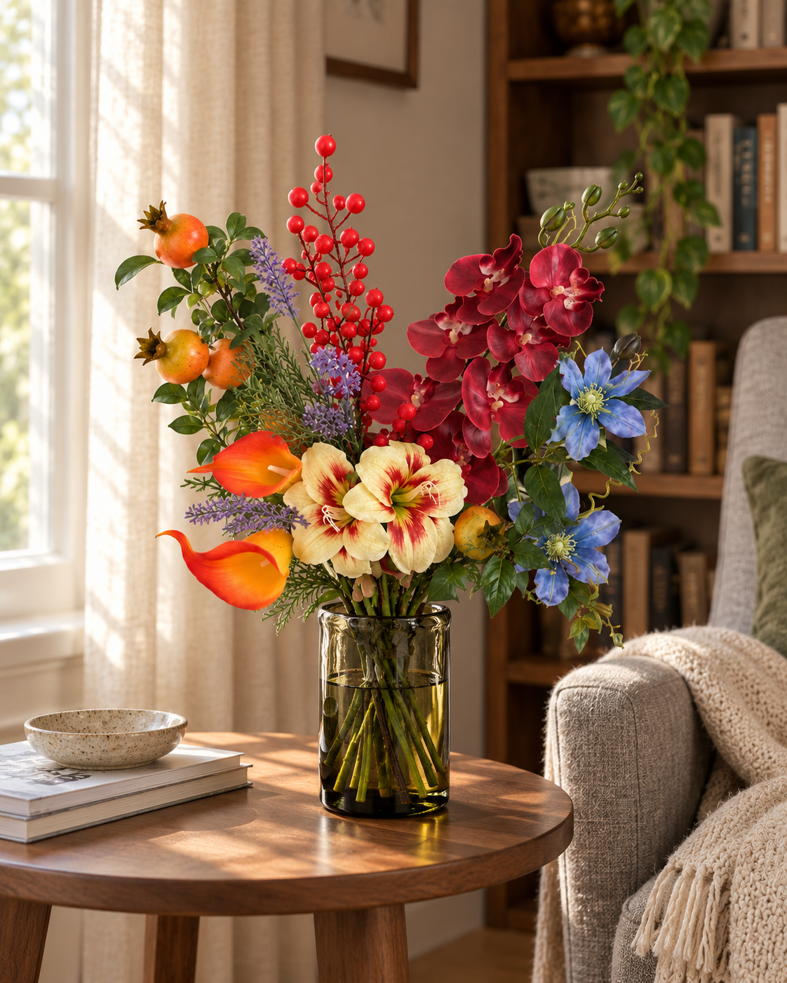 Jewel-Toned Orchid & Pomegranate Faux Floral Arrangement