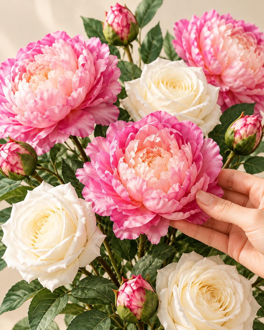 White Juliet Rose & Vintage Purple Peony Faux Flower Bundle – 9 Stems