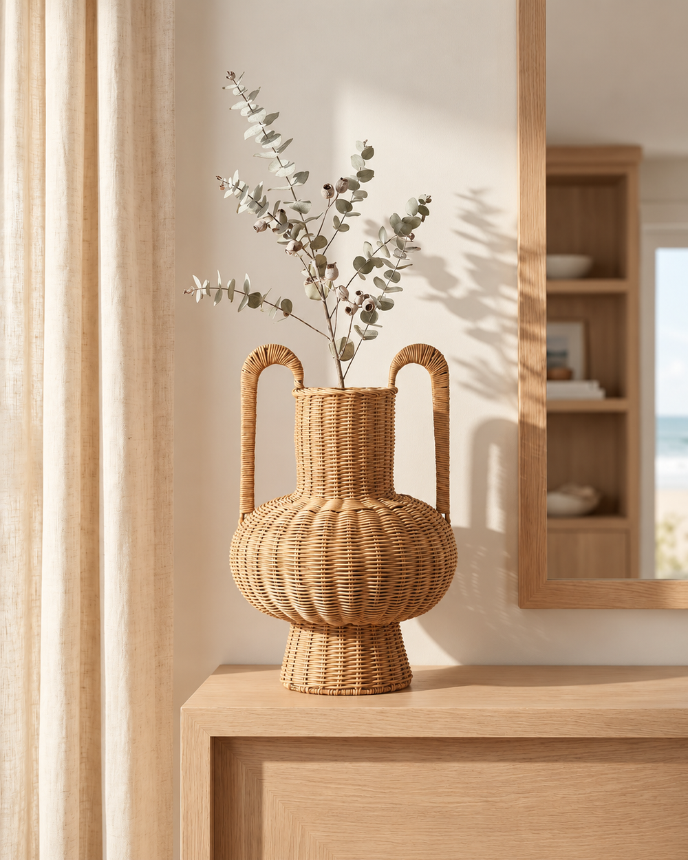 Natural Brown Handcrafted Rattan Double-Handle Pedestal Vase - 12.6"
