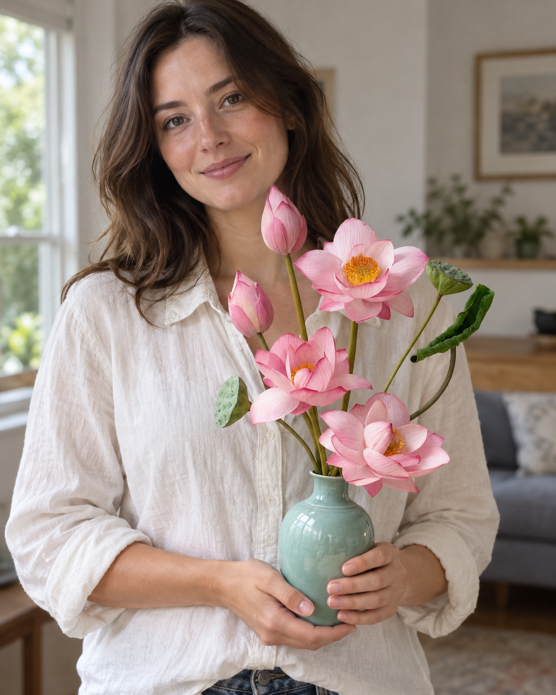 Serene Pink Lotus & Seed Pod Faux Floral Arrangement