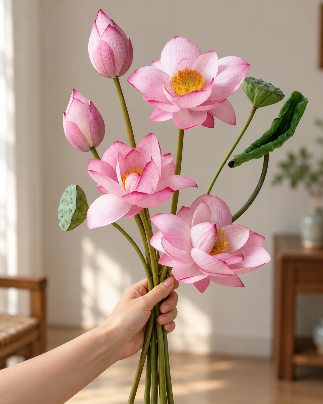 Serene Pink Lotus & Seed Pod Faux Floral Arrangement