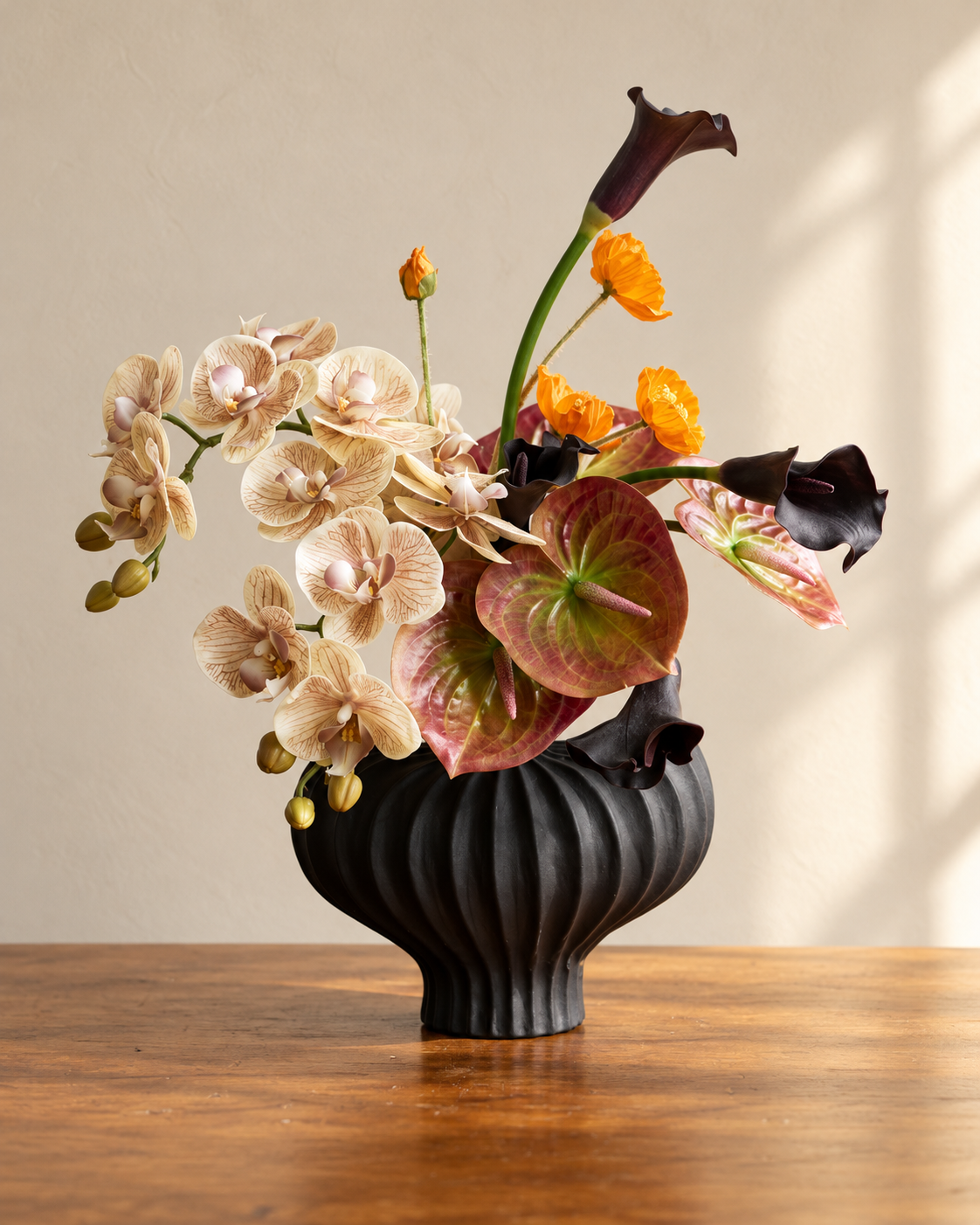 Vintage Champagne Orchid & Anthurium Faux Floral Arrangement