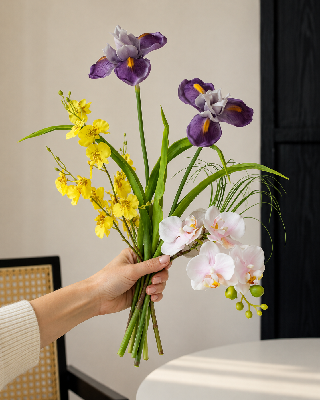 Purple Iris & Golden Dancing Orchid Faux Floral Arrangement