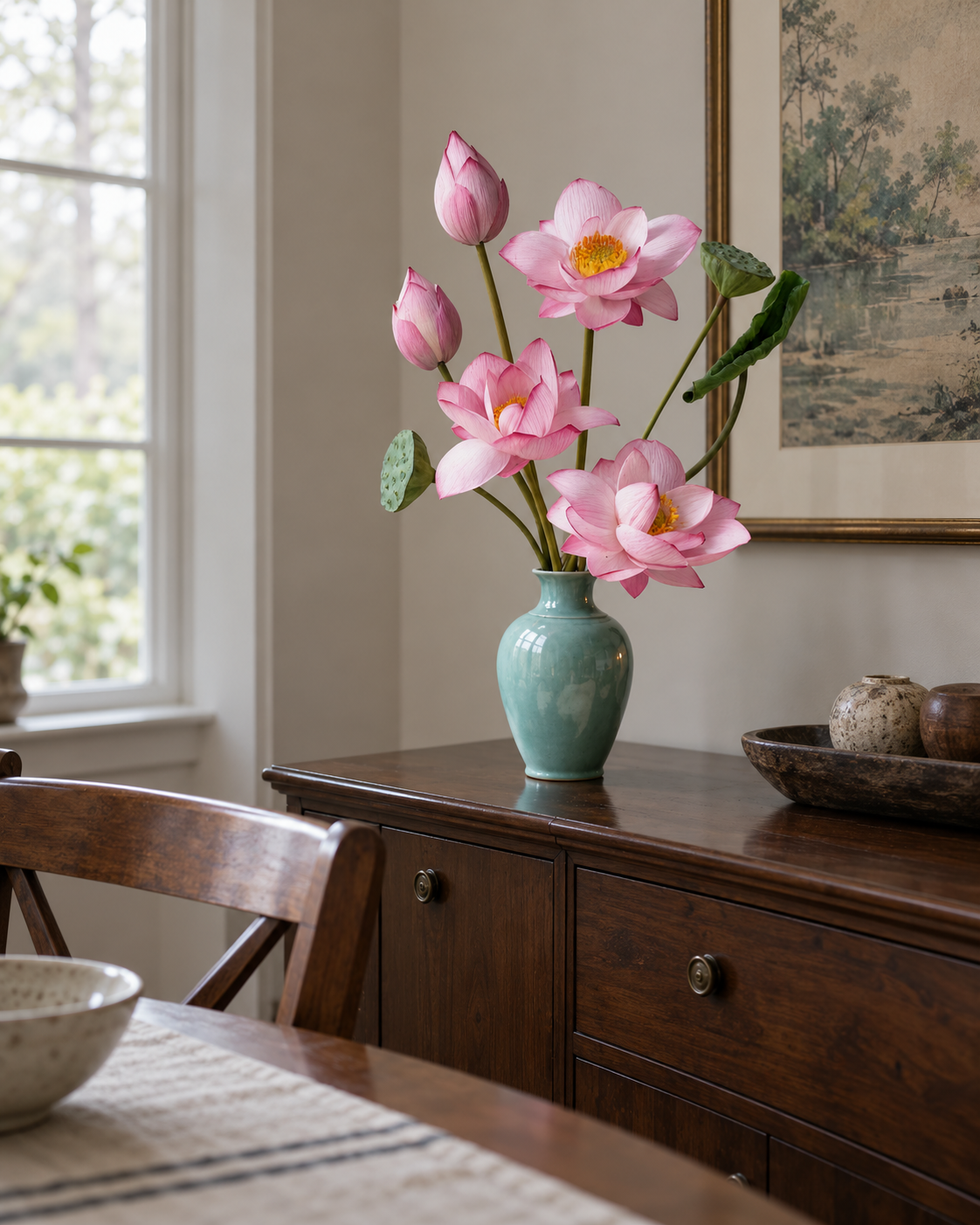 Serene Pink Lotus & Seed Pod Faux Floral Arrangement