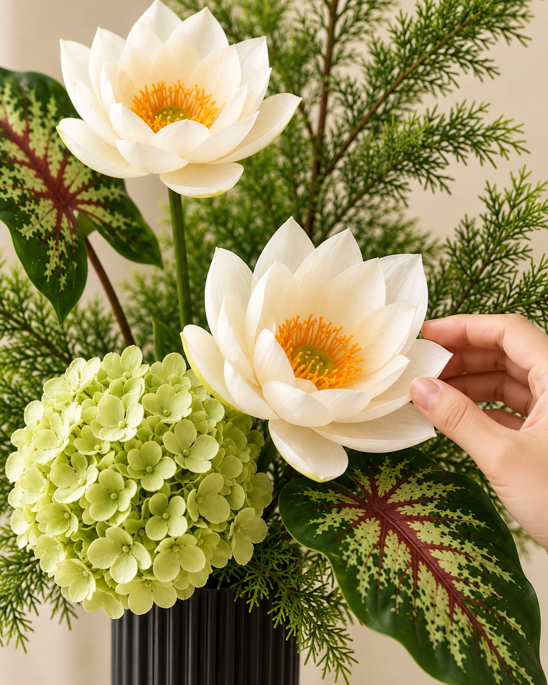 White Lotus, Green Hydrangea & Tropical Foliage Faux Flower Bundle
