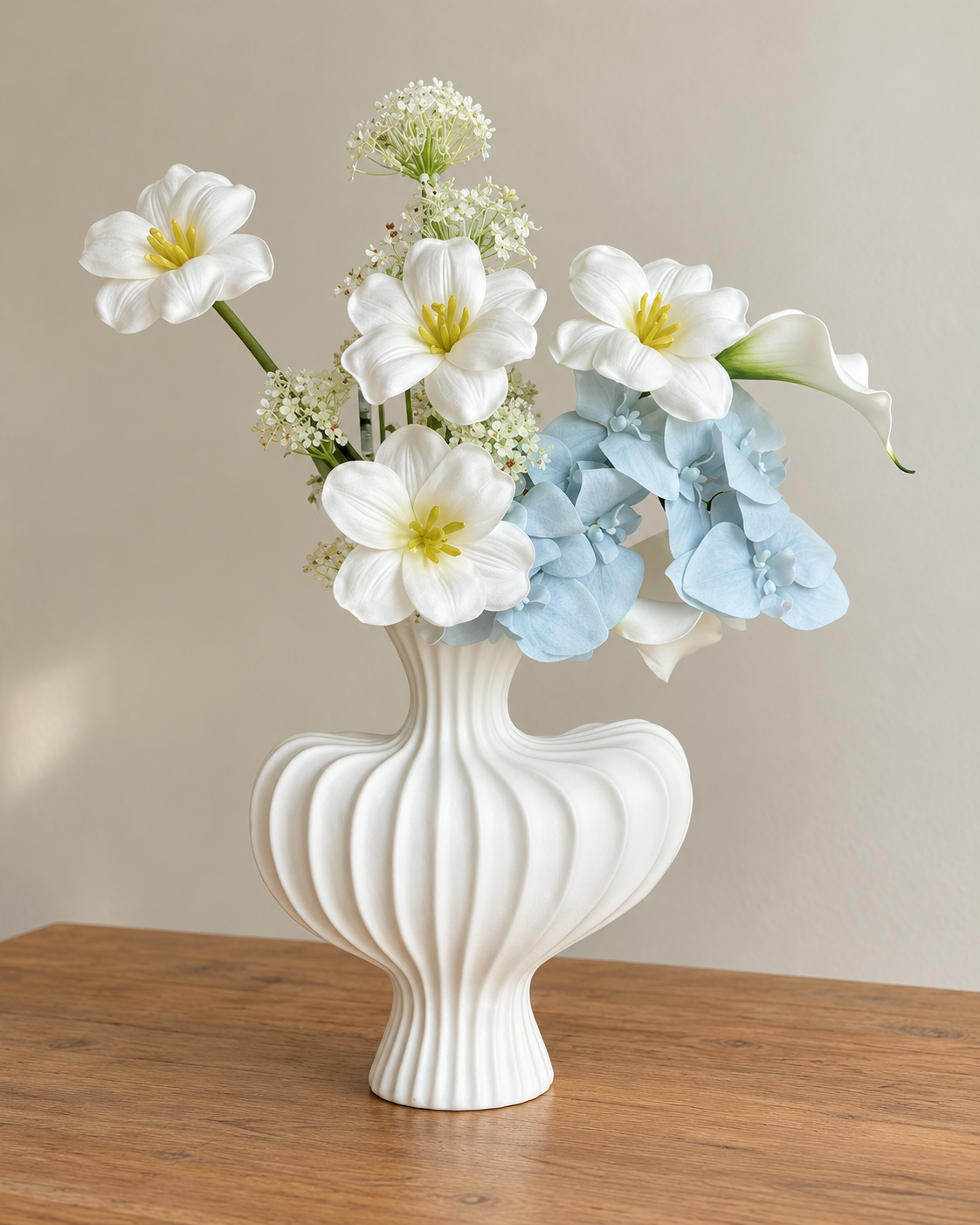 Soft Blue Orchid & White Tulip Faux Floral Arrangement