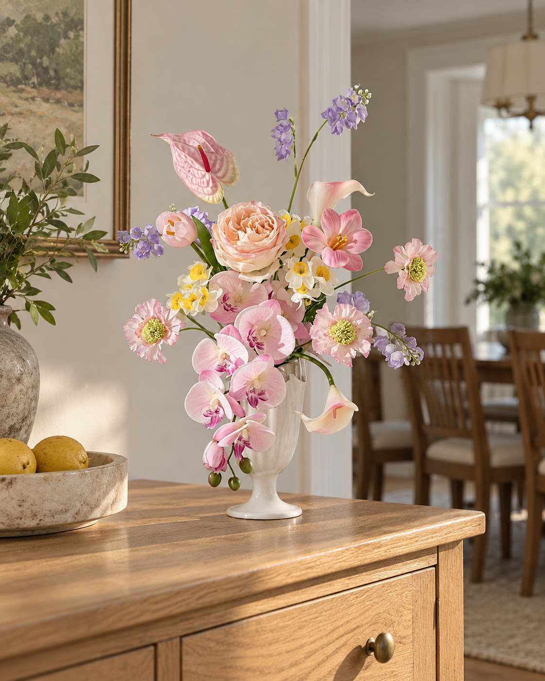 Pastel Garden Rose & Orchid Faux Floral Arrangement