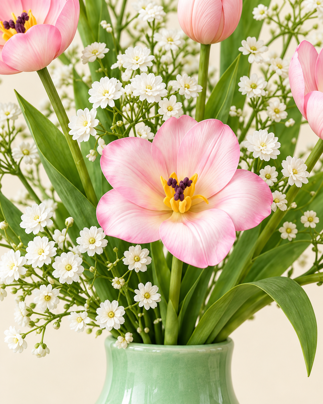 Pink Tulip & White Baby’s Breath Faux Flower Bundle – 12 Stems