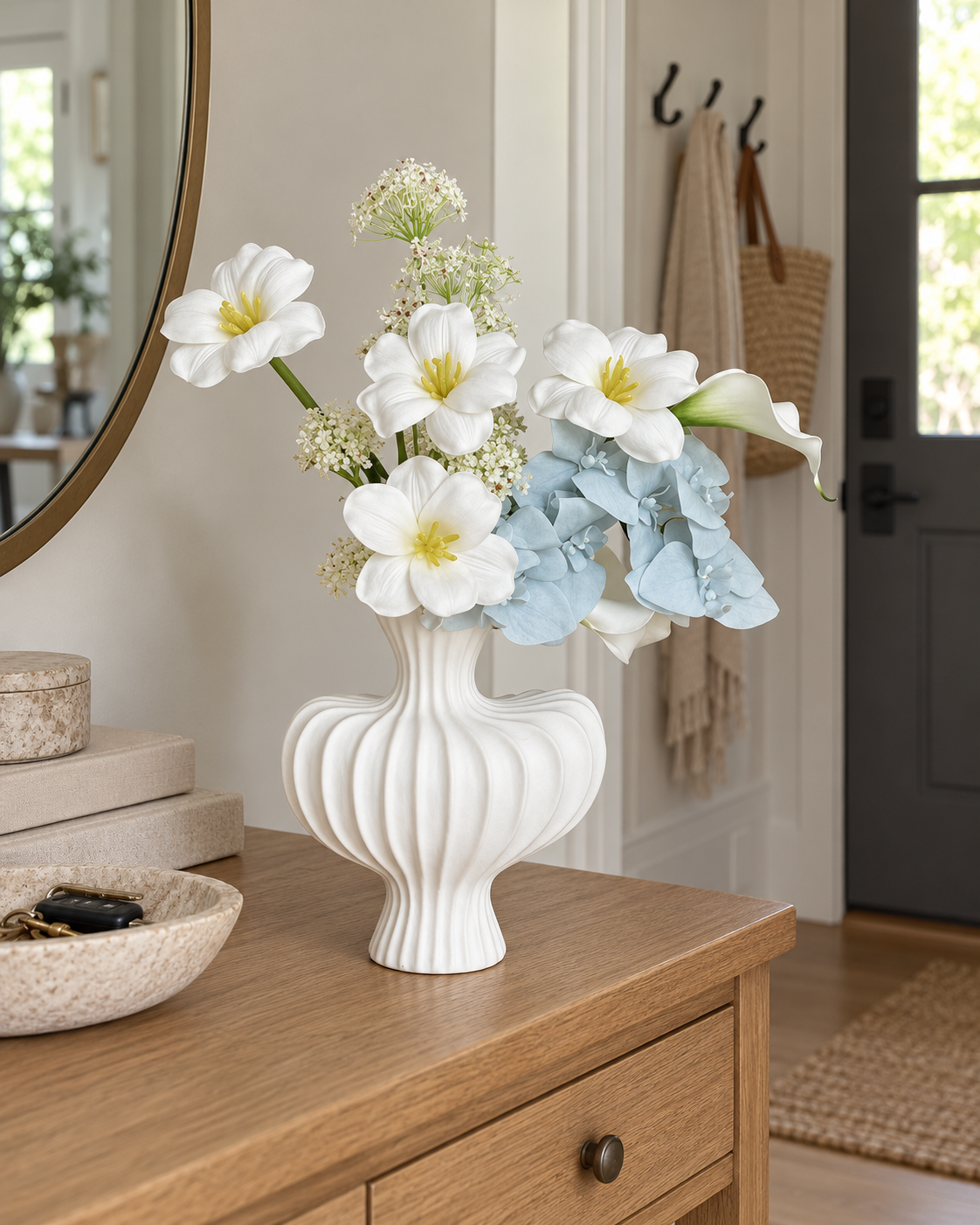 Soft Blue Orchid & White Tulip Faux Floral Arrangement