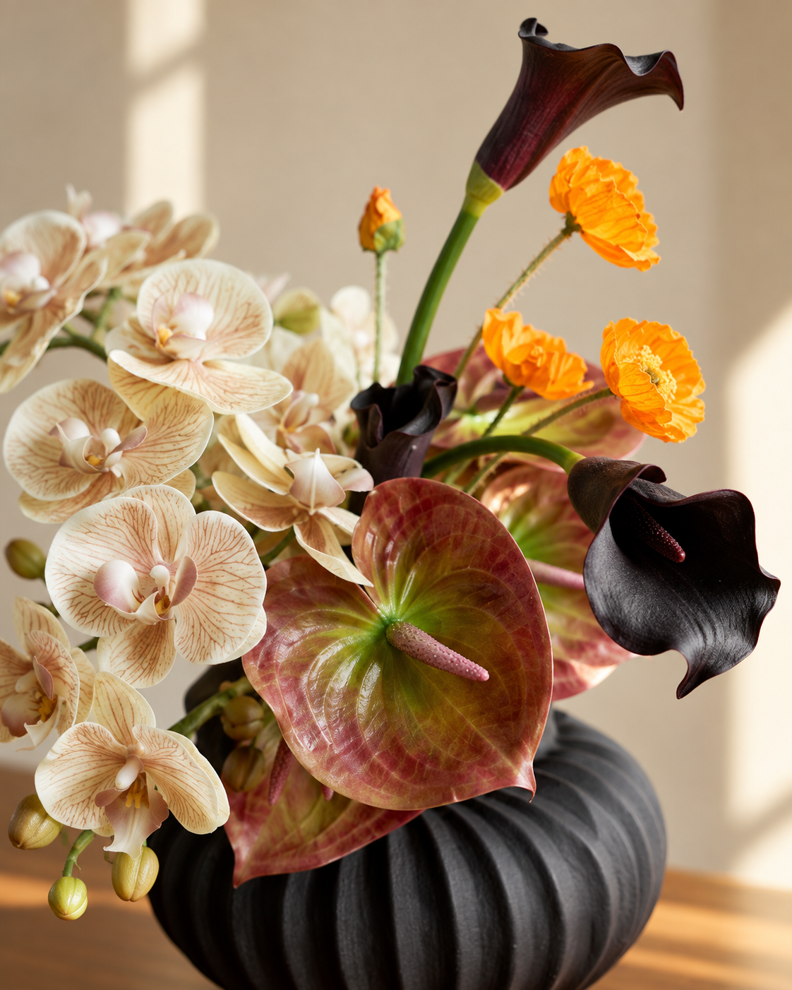 Vintage Champagne Orchid & Anthurium Faux Floral Arrangement