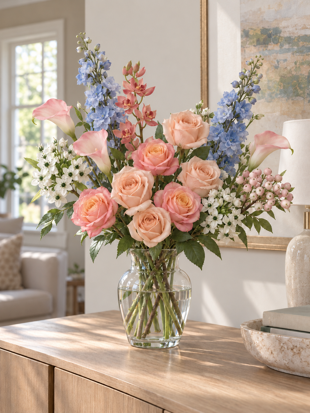Blush, Peach & Blue Garden Faux Flower Bundle