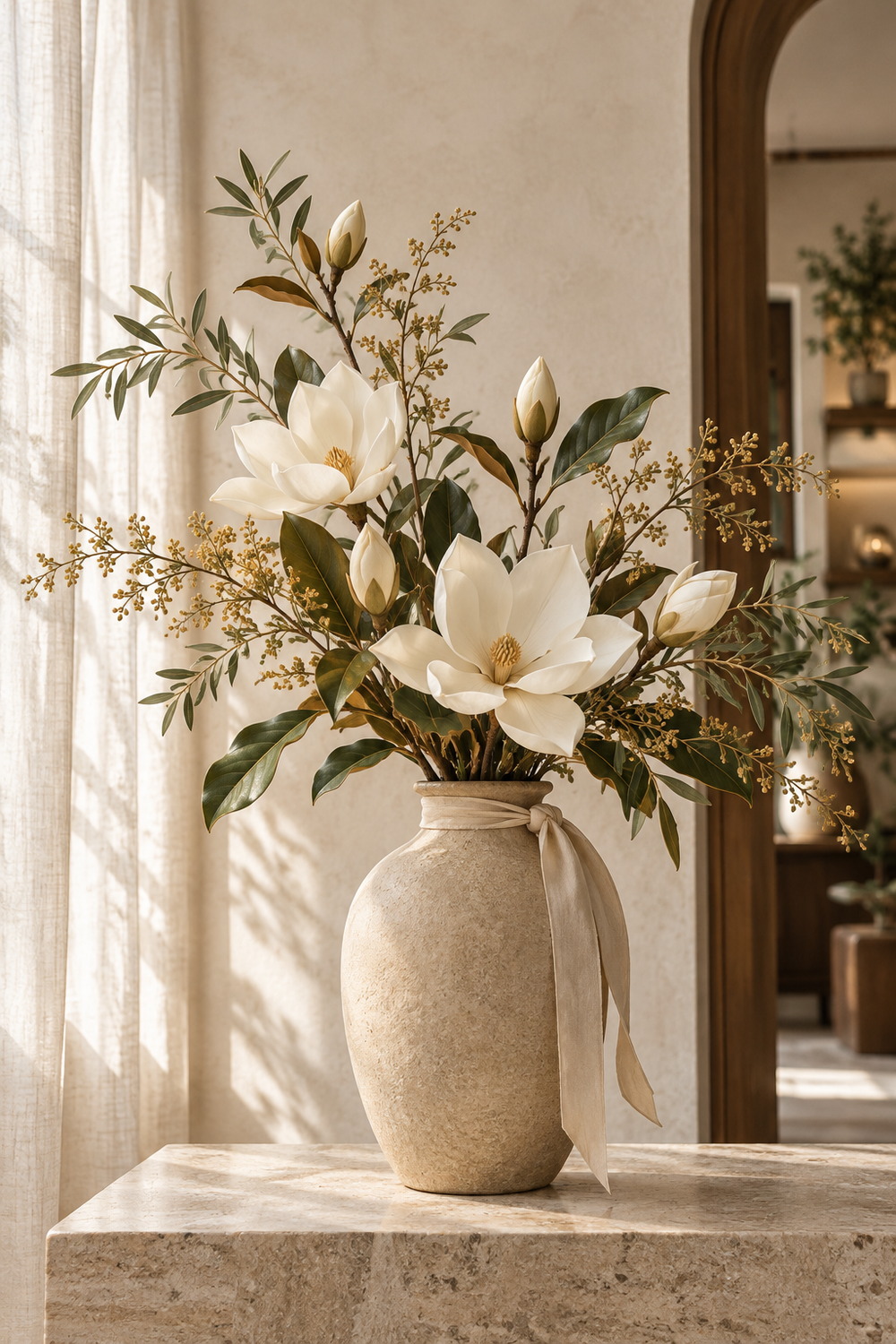 Seasonal floral composition in a sculptural ceramic vase