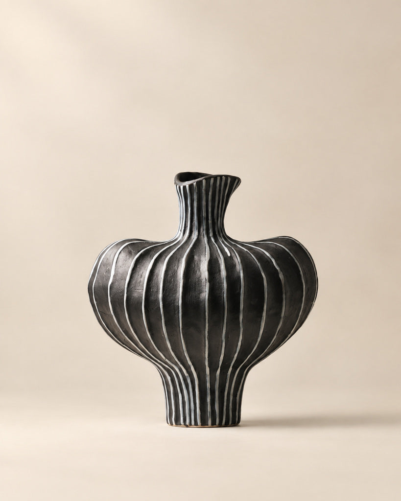 Black & White Winged-Rib Sculptural Vase - 10.2"