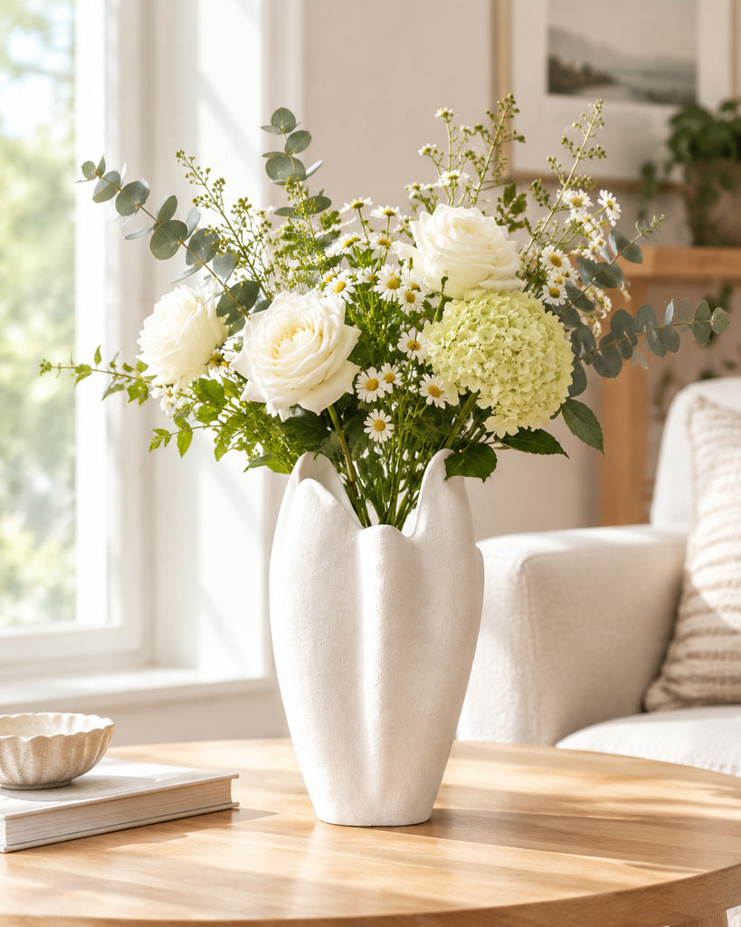 Matte White Petal-Form Sculptural Vase - 10.0"