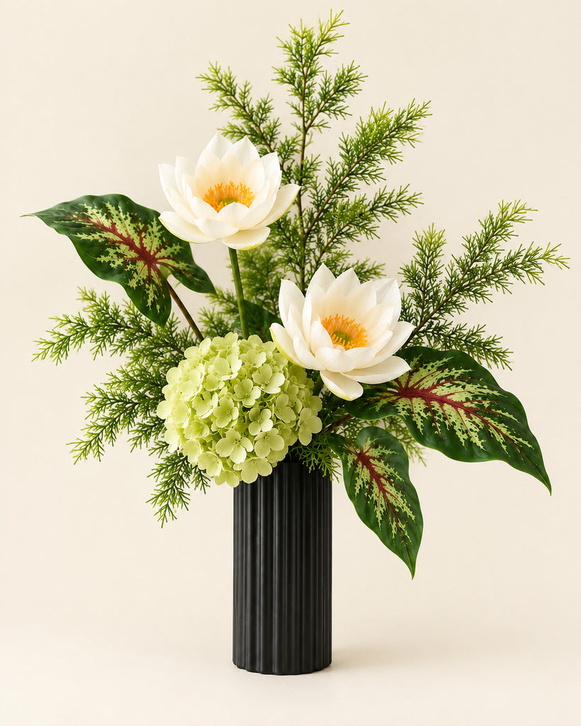 White Lotus, Green Hydrangea & Tropical Foliage Faux Flower Bundle