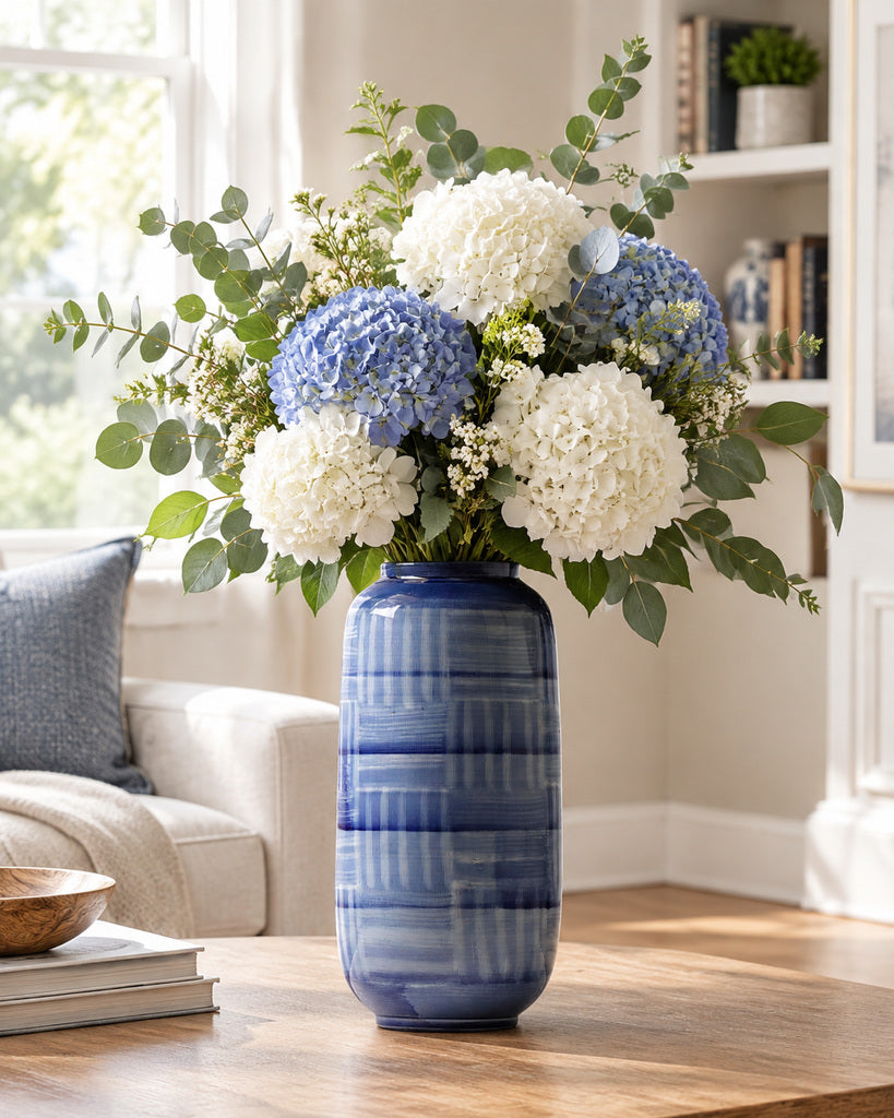 Blue & White Layered Brushstroke Tall Vase - 13.8"