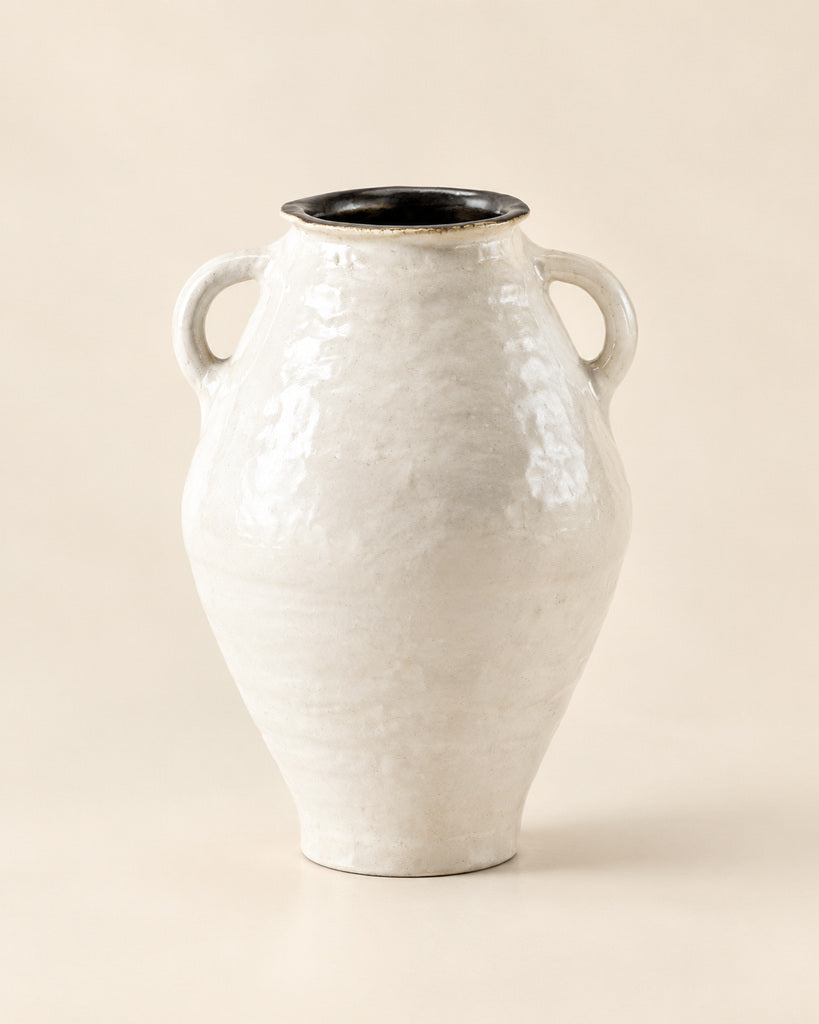 White Double-Handle Textured Ceramic Vase with Black Rim - 9.4"