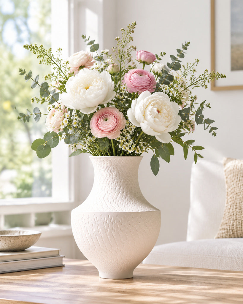 White Wide-Bodied Textured Sculptural Vase - 10.6"