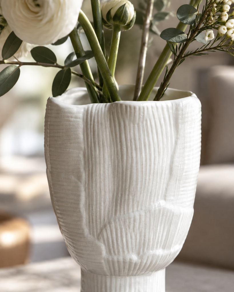 Pure White Organic Ribbed Sculptural Vase - 14.2"