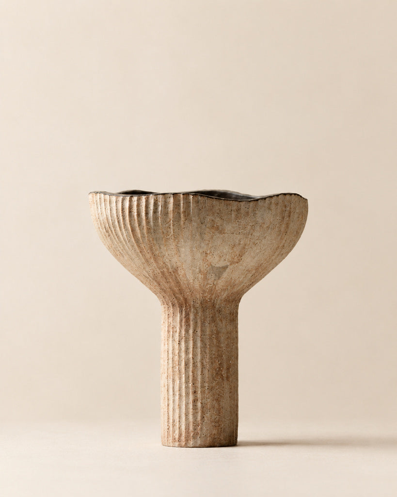 Weathered Taupe Ribbed Fan-Form Sculptural Vase - 10.0"