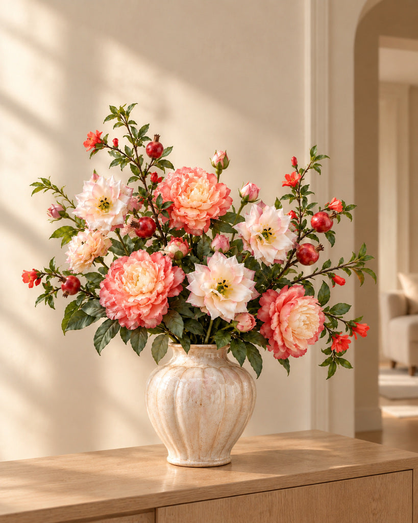 Coral Peony & Pomegranate Autumn Faux Flower Bundle