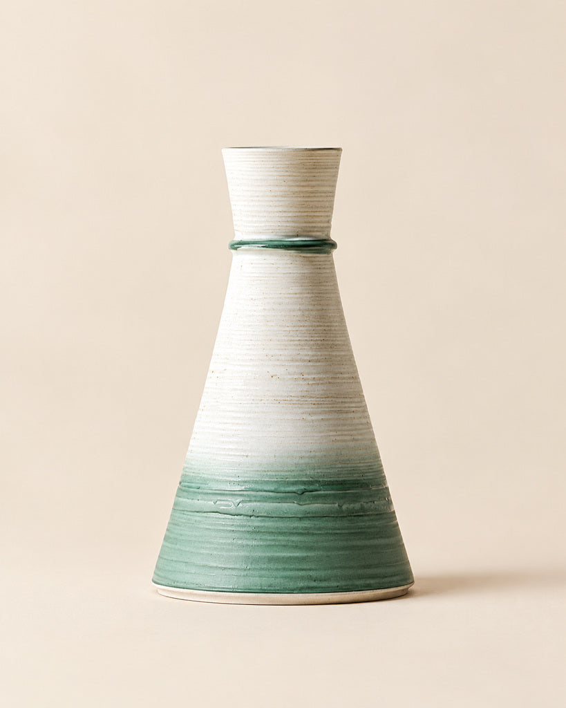 White & Sage Green Ribbed Tapered Sculptural Vase - 10.9"
