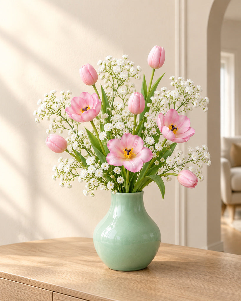 Pink Tulip & White Baby’s Breath Faux Flower Bundle – 12 Stems