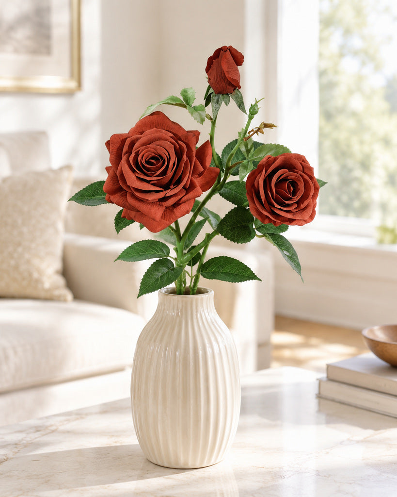 Deep Terracotta 3-Head Princess Rose Faux Flower Stem - 75cm