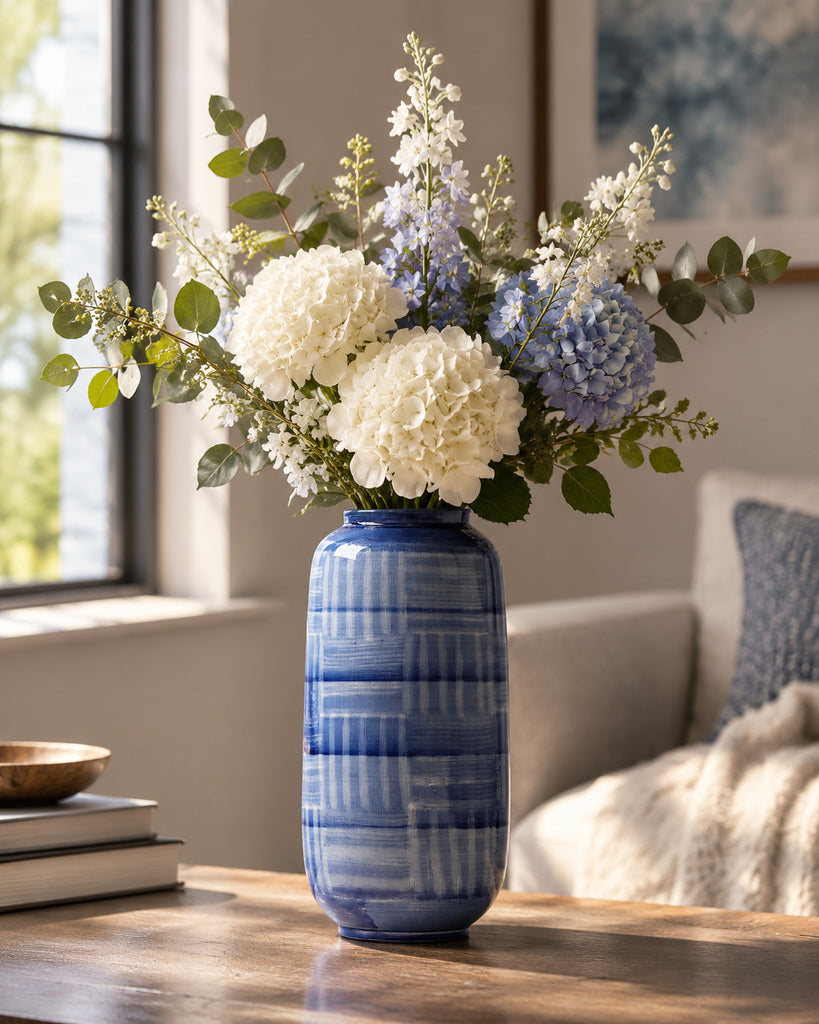 Blue & White Layered Brushstroke Tall Vase - 13.8"