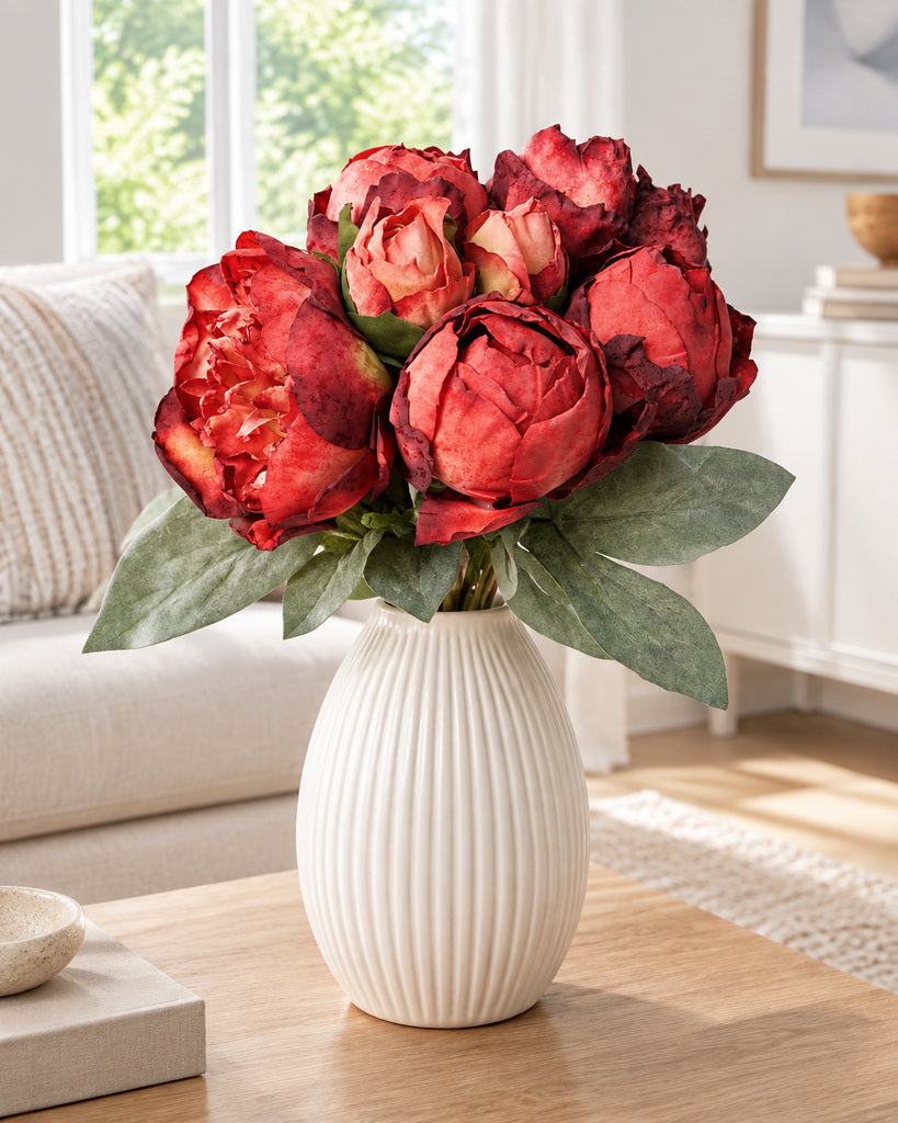 Red 7-Stem Artificial Peony Bouquet - 36.5 cm