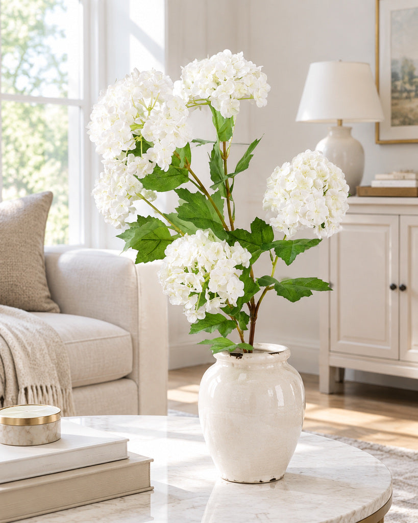 White 5-Head Soft-Touch Mini Hydrangea Stem - 85 cm