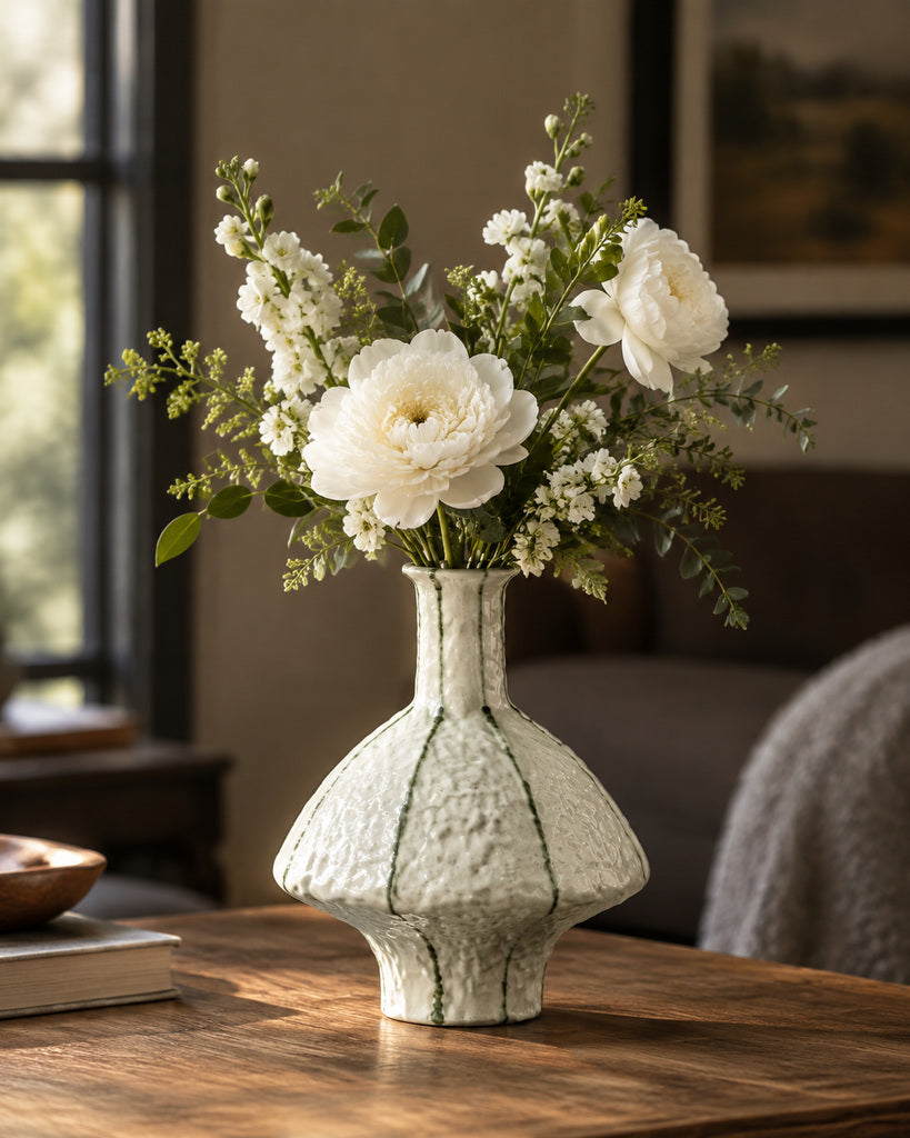 Ivory Green-Striped Wide-Bodied Textured Sculptural Vase - 11.4"